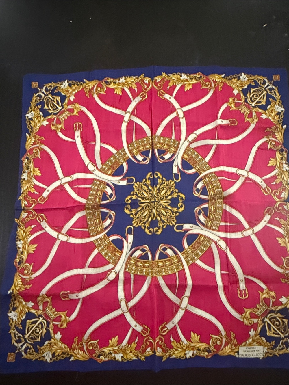 Gucci Elegant Pink and Navy Printed Silk-Effect Square Scarf with Gold Motif
